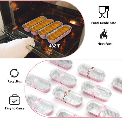 Mini Loaf Pans With Lids and Spoons, 100 PCS 6.8oz Mini Cake Pans for Baking, Aluminum Foil Loaf Pans, Small Aluminum Cake Tins, Cake Pans with Clear Lids,Sporks，Stickers(Pink)