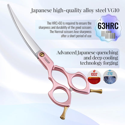 Professional Left Handed Curved Dog Grooming Scissors with Sharper Self Grinding lightweight and finely trimmed split structure 6.5'' Japan VG10 63HRC for small dogs cat pet(Pink)