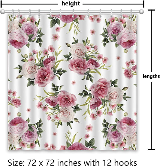 APROPHIC Vintage Floral Shower Curtain Home Decor Pink Rose Shower Curtains for Bathroom Plant Green Leaves Polyester Fabric Waterproof Flower Bathroom Curtain with 12 Hooks 72"*72"