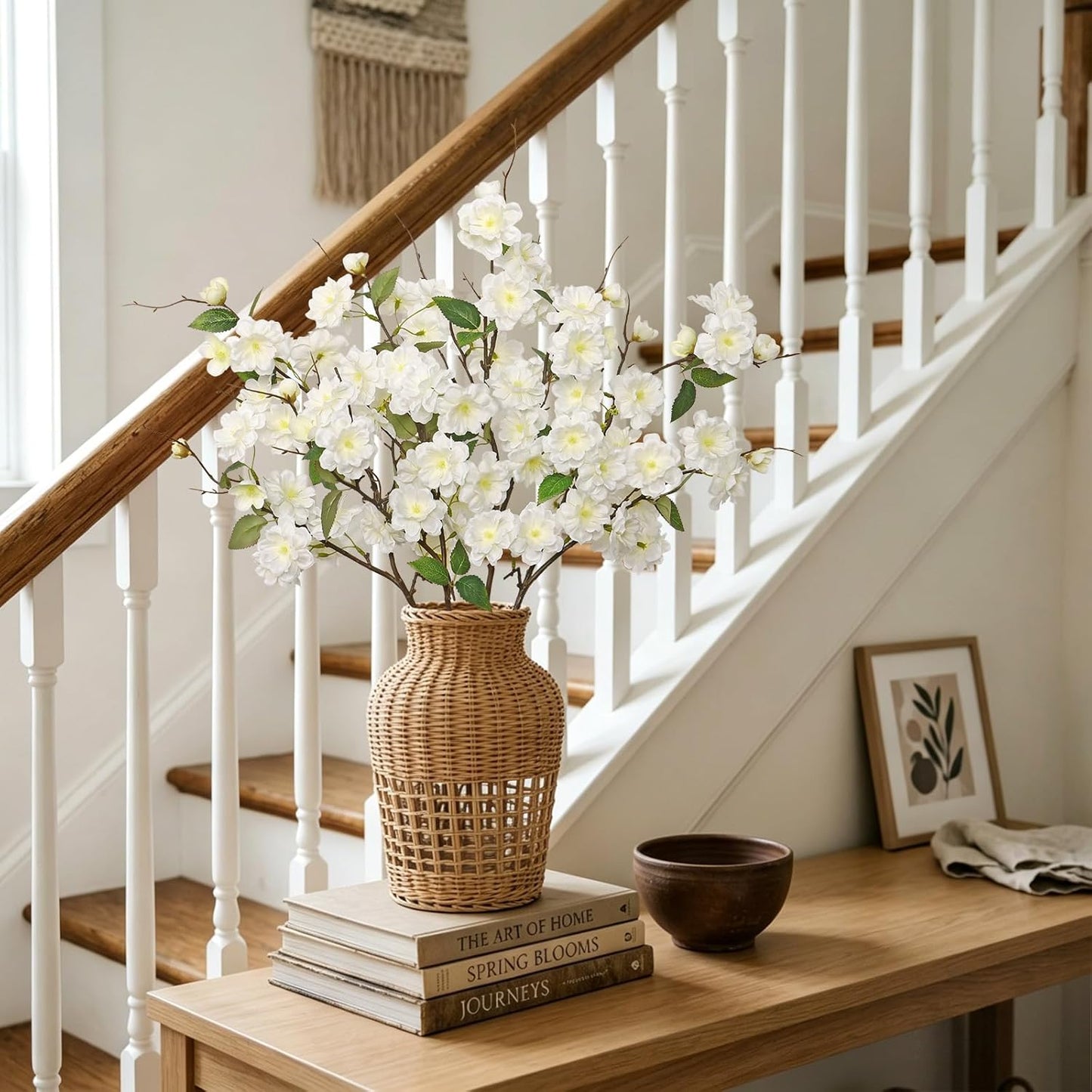 KHOYIME Artificial Cherry Blossom Branches 4PCS White Fake Silk Flowers Faux Long Stems Realistic Cherry Peach Floral Plants Spring Decor for Vase Table Centerpiece Indoor Home Office Wedding Party