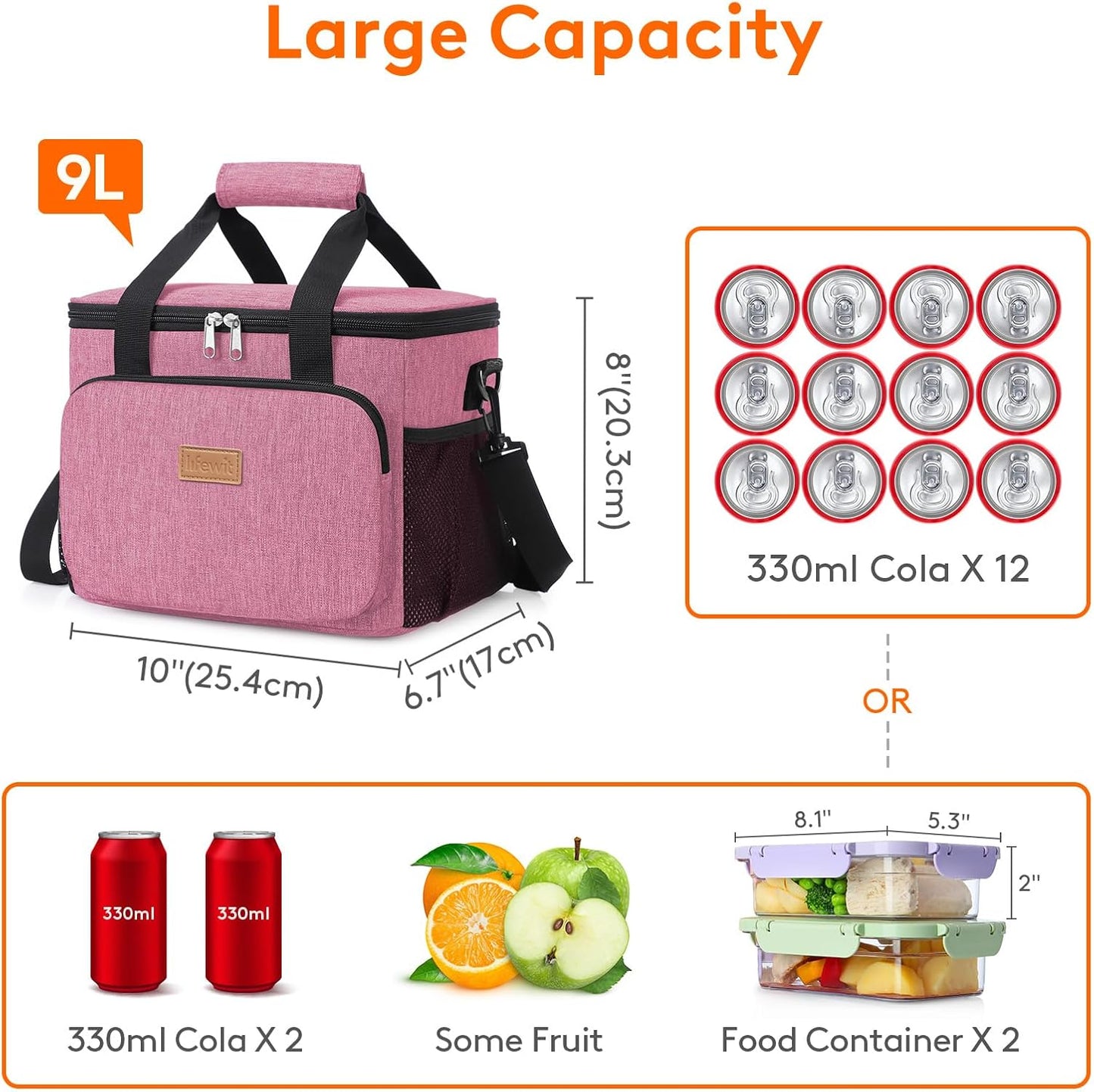Lifewit Medium Lunch Bag, Insulated Lunch Box, Soft Cooler Cooling Tote for Adult Men Women, Pink 12-Can (9L)