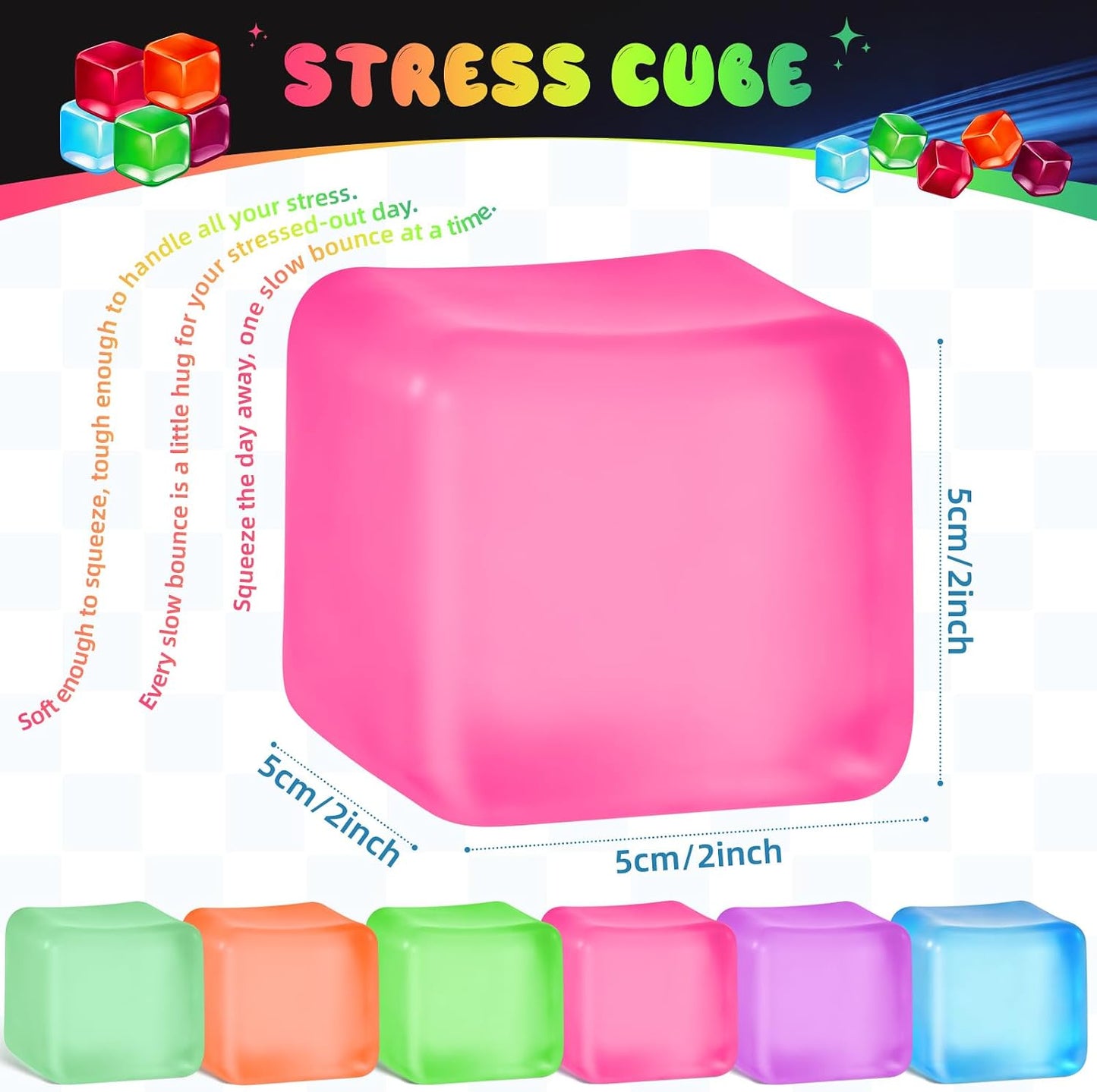 Stress Cube Squishy Fidget Toys, Slow Rising Ice Cube Sensory Stress Balls for Kids Adults Anxiety Relief Squeeze Toy for Classroom Prizes Party Favors (Pink)