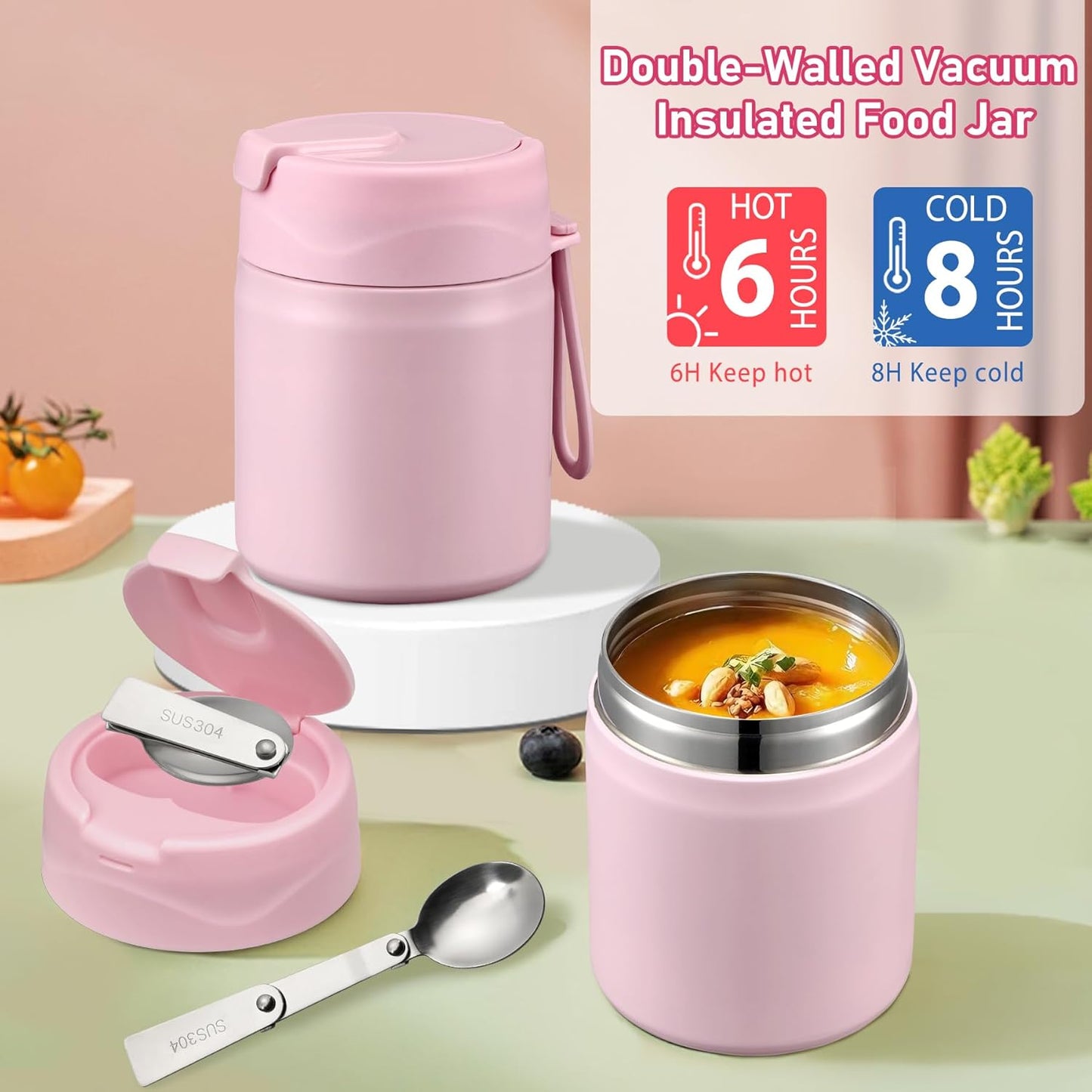 Bento Lunch Box for Kids with 17oz Soup Thermo,Insulated Tumbler Water Bottle and Insulated Lunch Bag,Leak-Proof 3 Compartment Lunch Food Container with Ice Pack for Kids to School-Pink