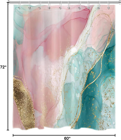 HVEST Pink Marble Shower Curtain for Bathroom,Turquoise Marble Luxury Shower Curtain with Hooks,Modern White and Gold Abstract Bathroom Shower Curtain Set Bathroom Decor,72L X 60W inches