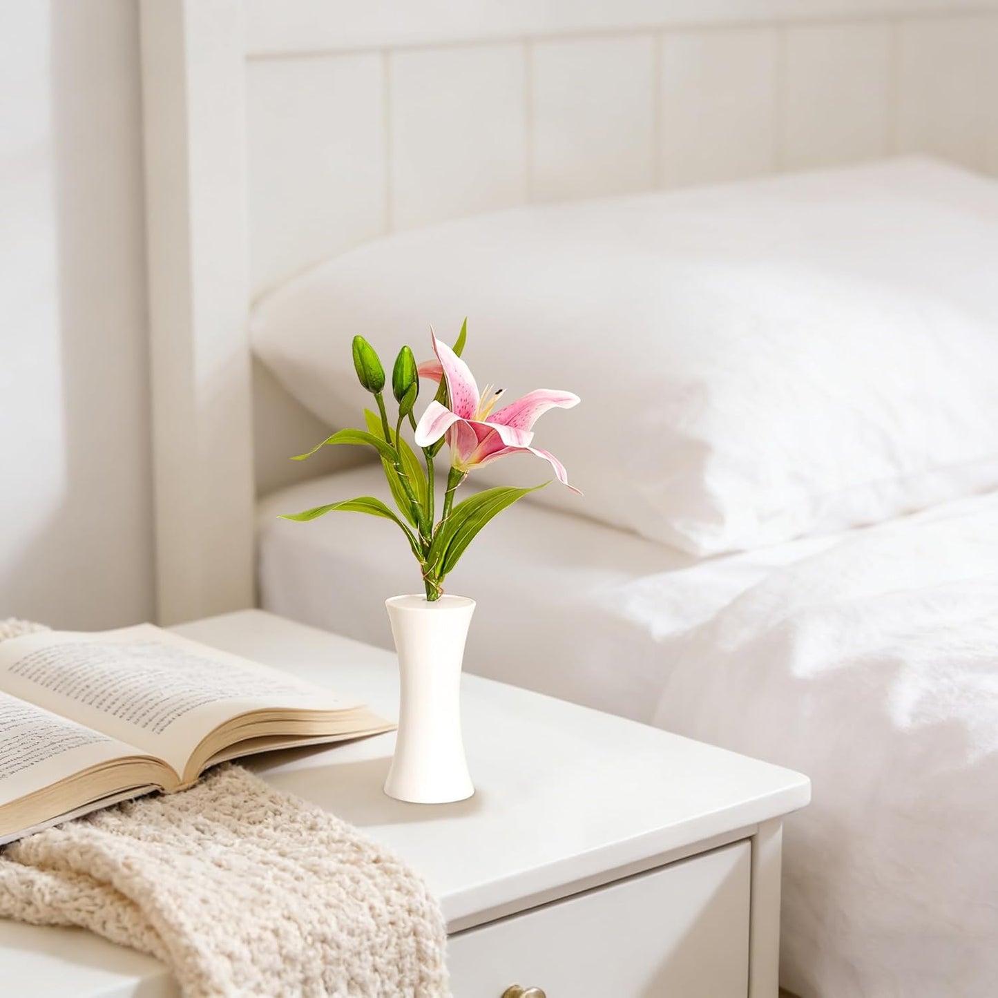 Artificial Pink Lily Flower Lamp, LED Decorative Light with White Vase, Battery Powered for Bedroom Living Room, Gifts for Women Mom Grandma Girlfriend on Birthday Christmas Valentines Mothers Day