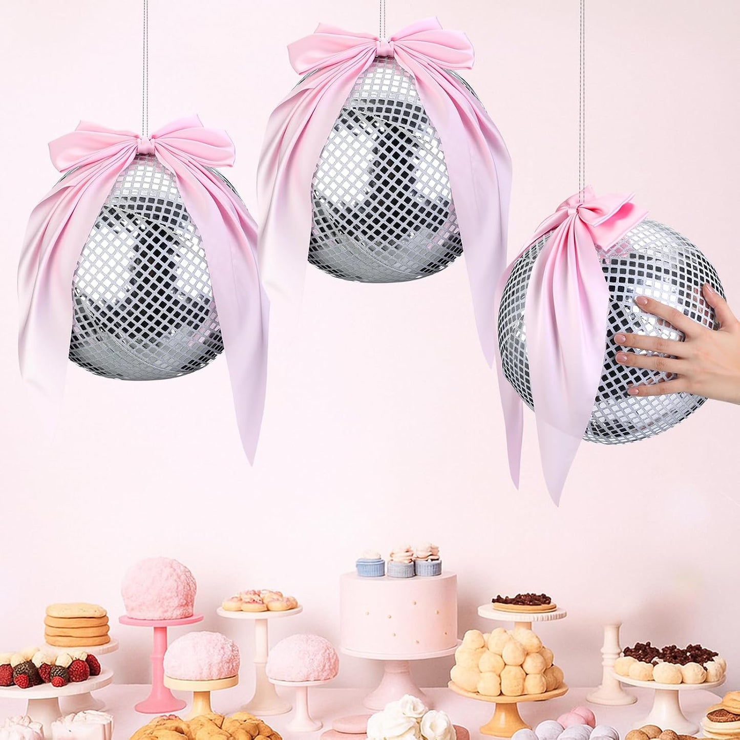 Zomiboo 3 Set Pink Disco Party Decorations Disco Ball Hanging Ornaments Include 3 Inflatable Ball Cover and Inner 3 Pink Bow Foldable Mirror Decor for Wedding Birthday Baby Shower Bachelorette