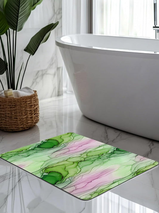 Green Pink Ink Marble Stone Bath Mat, Nautical Water Ripples Abstract 18" x 30" Super Absorbent, Dries Quickly, Non-Slip Diatomaceous Earth Bath Mats for Bathroom Kitchen Laundry
