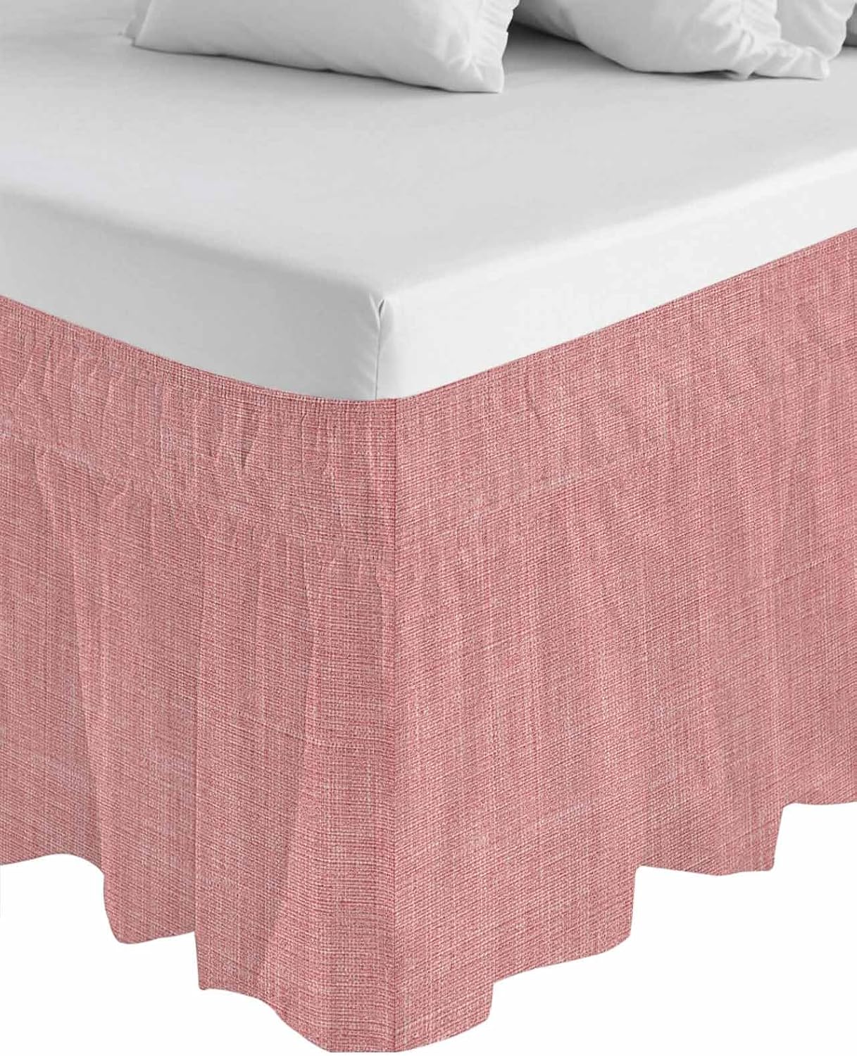 Bed Skirt Peach Pink Linen Bedskirt 16 Inch Drop Farmhouse Pure Color Adjustable Elastic Wrap Around Bed Skirts Dust Ruffle for Queen Size Bed Frame Cover
