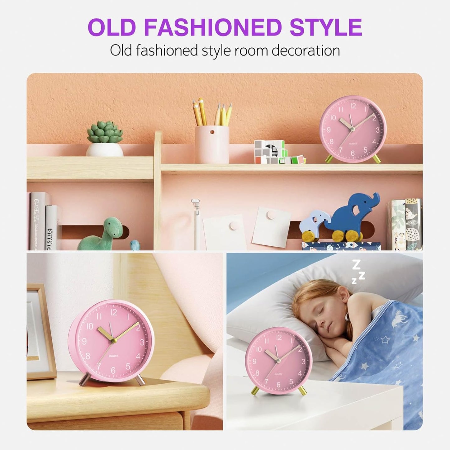 Analog Alarm Clock for Girls, Super Silent Non Tick with Night Light, Battery Operated,Bedroom Clock for Mom,Fashionable Round Metal Alarm Clock for Office, Elderly,Adults,Children School Gift