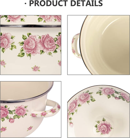 Retro Flower Enamel Stockpot with Lid,Stockpots for Cooking (Rose pink -3QT)