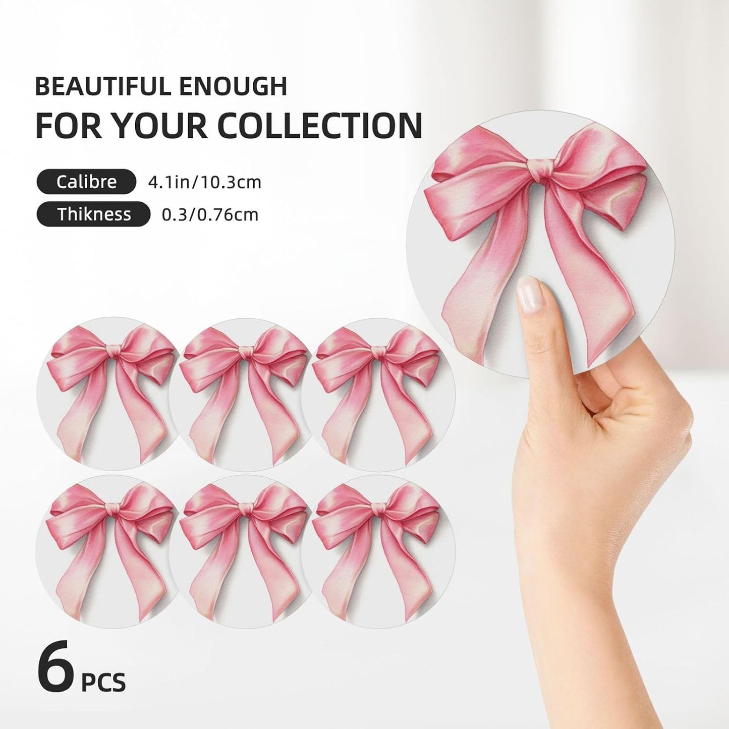 Watercolor Light Pastel Pink Ribbon Bow Ceramic Coasters with Holder Set of 6 Coffee Cup Drink Coasters