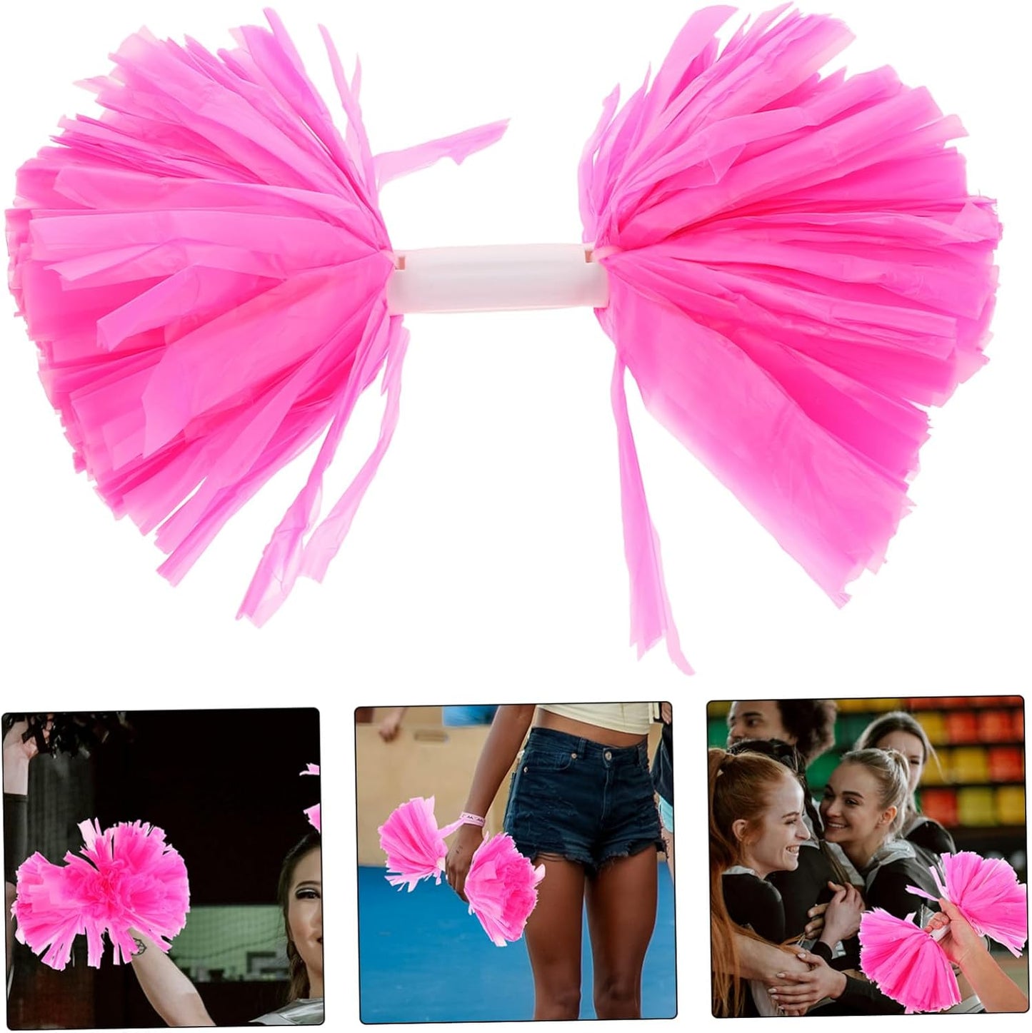 Mikinona 2PCS Handheld Cheerleading Pom Poms with Handle Pink Shiny Pompoms for Team Sports Dance Parties Spirited Cheer Team Accessories