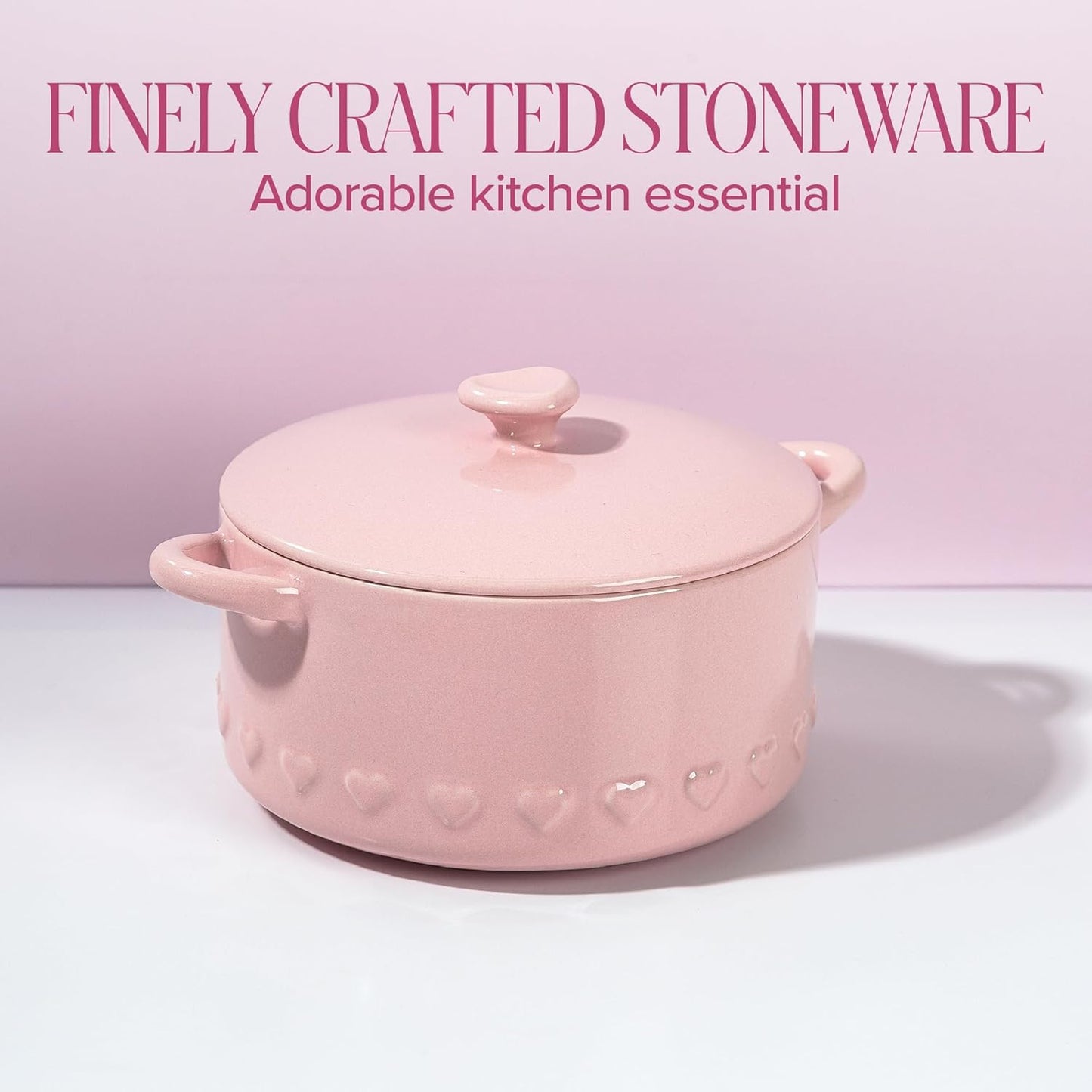 Paris Hilton Iconic Ceramic Stoneware Casserole Dish With Lid, Oven Safe Up To 450°F, Dishwasher & Microwave Safe, 28oz, Pink with Embossed Heart Design