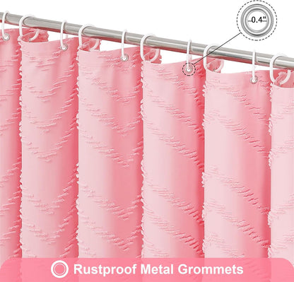 Boho Farmhouse Woven Fabric Shower Curtain, Pink Tufted Chevron Stripes Textured Minimalist Design with Tassels Bathroom Decor Curtain for Home or Hotel, 72 x 72