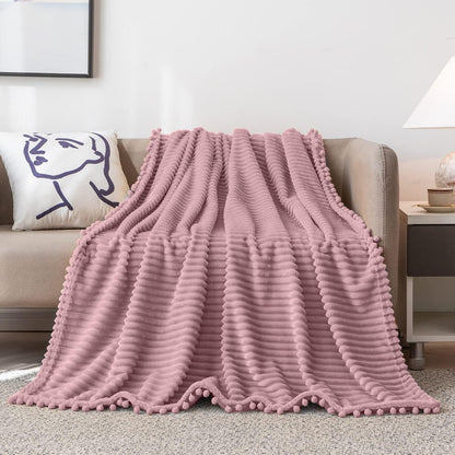 DISSA Fleece Blanket Twin Size – 60x80, Pink - Soft, Plush, Fluffy, Fuzzy, Warm, Cozy – Perfect Throw for Couch, Bed, Sofa - with Pompom Fringe - Flannel Blanket