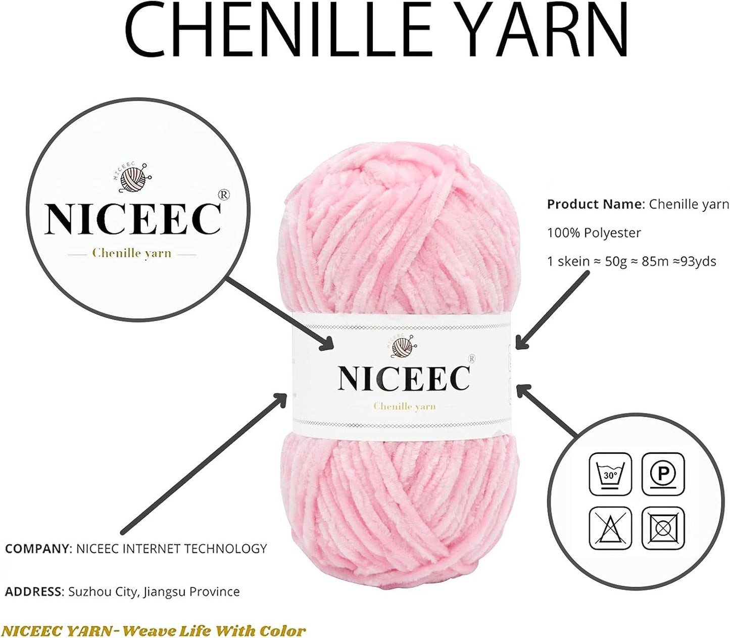 NICEEC 3 Skeins Soft Chenille Yarn Blanket Yarn for Knitting Fancy Yarn for Crochet Weaving DIY Craft Total Length 3×85m (3×93yds, 3×50g)_Light Pink