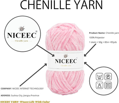 NICEEC 3 Skeins Soft Chenille Yarn Blanket Yarn for Knitting Fancy Yarn for Crochet Weaving DIY Craft Total Length 3×85m (3×93yds, 3×50g)_Light Pink