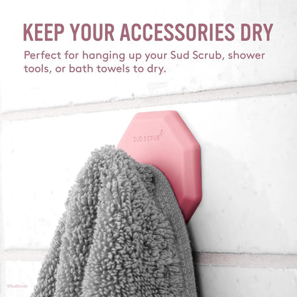 Sud Scrub® Antimicrobial Shower Hook, Self Adhesive Hooks for Shower Wall, Heavy Duty Removable Wall Hooks, Stick On Hooks for Hanging, Bathroom Towel Hook (Pink)