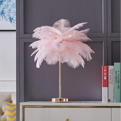 Nordic Luxury Feather Table Lamp Bedside Living Room Desk Table Lights Indoor Lighting Ostrich Feather Stand Light Night Light 3 Level Brightness for Bedrooms Study Rooms Living Rooms (Pink)