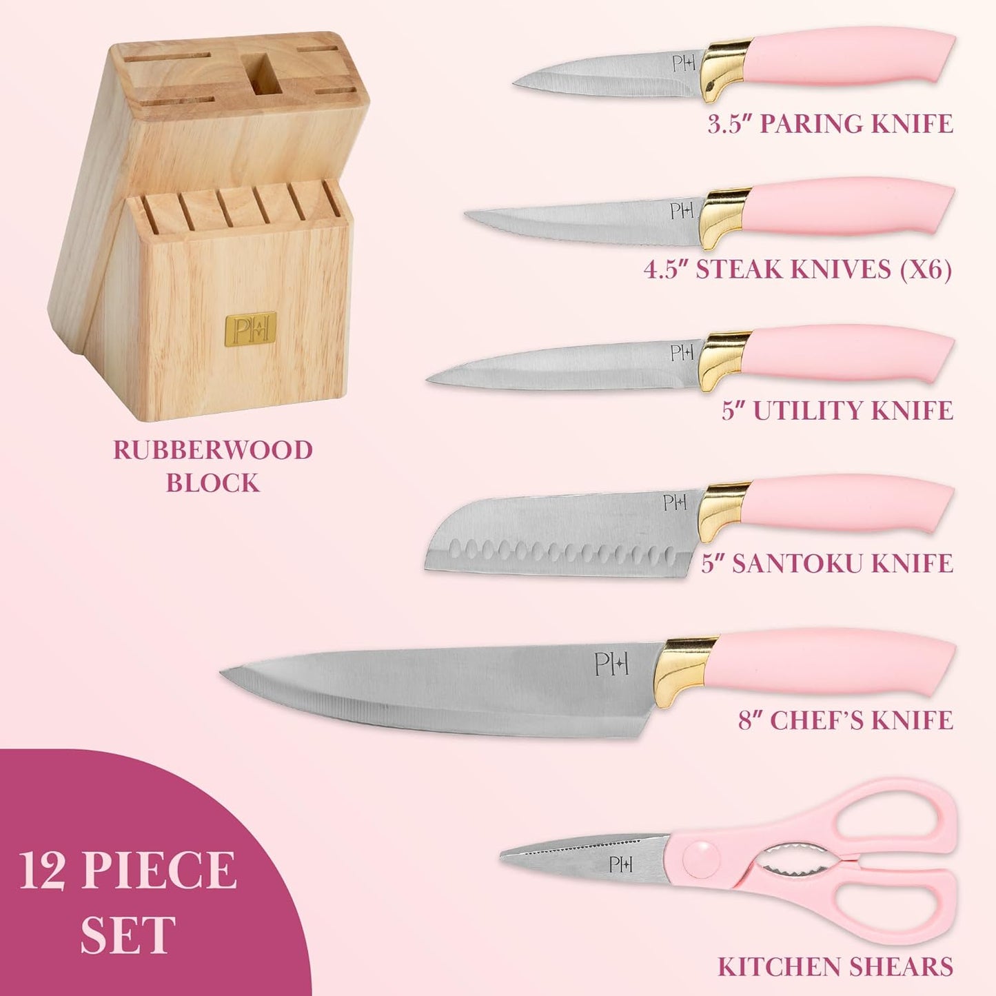 Paris Hilton 12-Piece Knife Set with Block, High-Carbon Stainless Steel Cutlery, Precision Blades and Ergonomic Handles Kitchen Knife Set, Pink