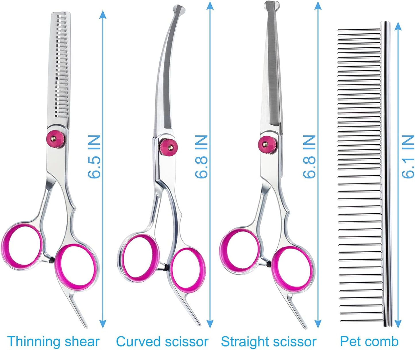 5 in 1 Premium Dog Grooming Scissors, Professional Dog Scissors for Grooming with Safety Round Tips, Lengnoyp Stainless Steel Thinning Shears, Pet Cat Shears for Grooming Kit, Pink