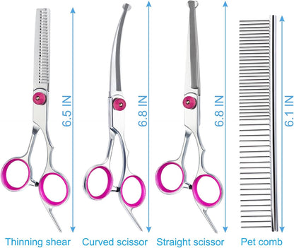 5 in 1 Premium Dog Grooming Scissors, Professional Dog Scissors for Grooming with Safety Round Tips, Lengnoyp Stainless Steel Thinning Shears, Pet Cat Shears for Grooming Kit, Pink