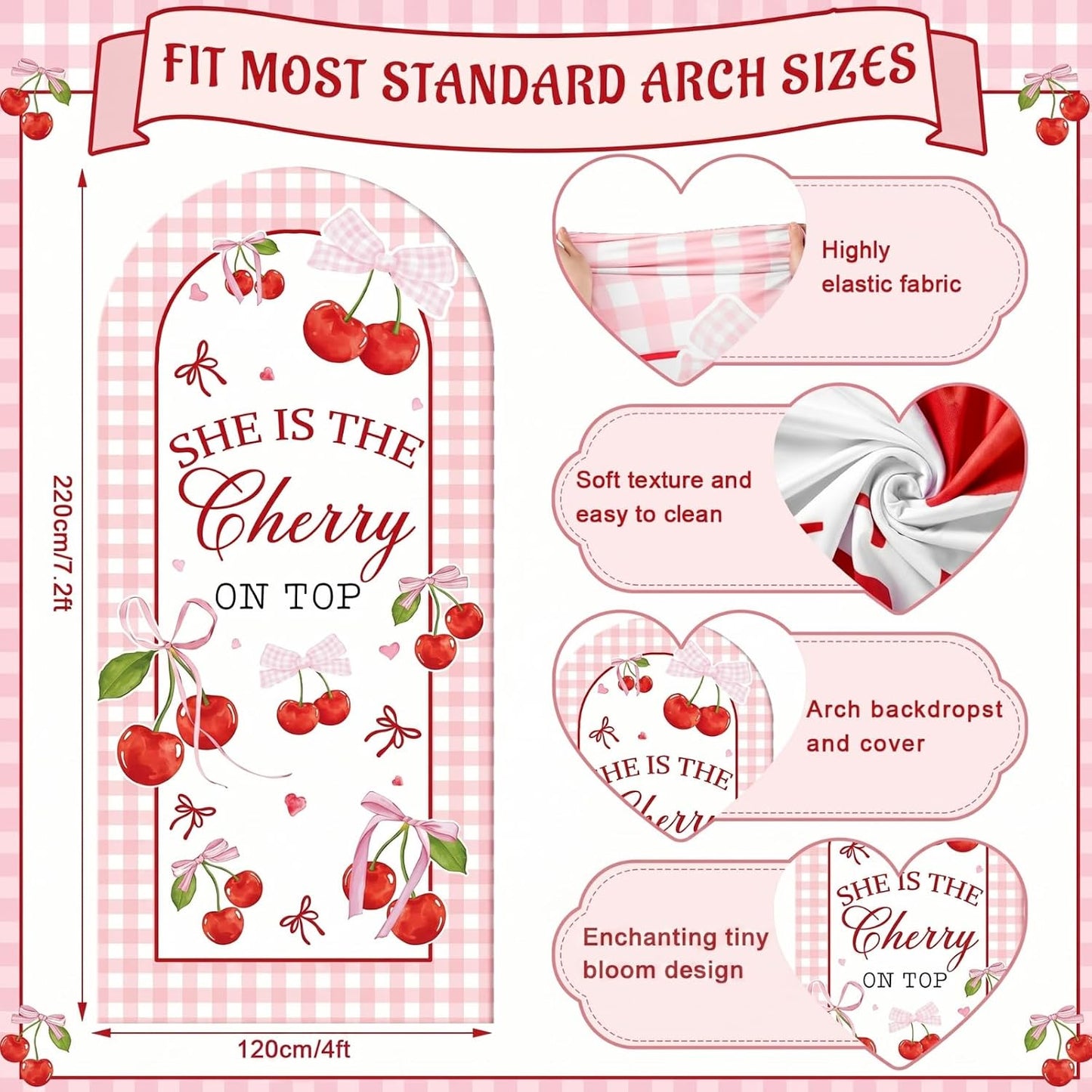 Tegeme 7.2ft She is Cherry on Top Arch Backdrop Cover Large Pink Cherry Bow Backdrop Party Favor Baby Shower Coquette Girl Decoration for Gender Reveal Bridal Shower Birthday Party Supply Photo Decor