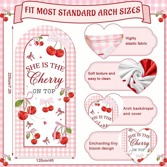 Tegeme 7.2ft She is Cherry on Top Arch Backdrop Cover Large Pink Cherry Bow Backdrop Party Favor Baby Shower Coquette Girl Decoration for Gender Reveal Bridal Shower Birthday Party Supply Photo Decor