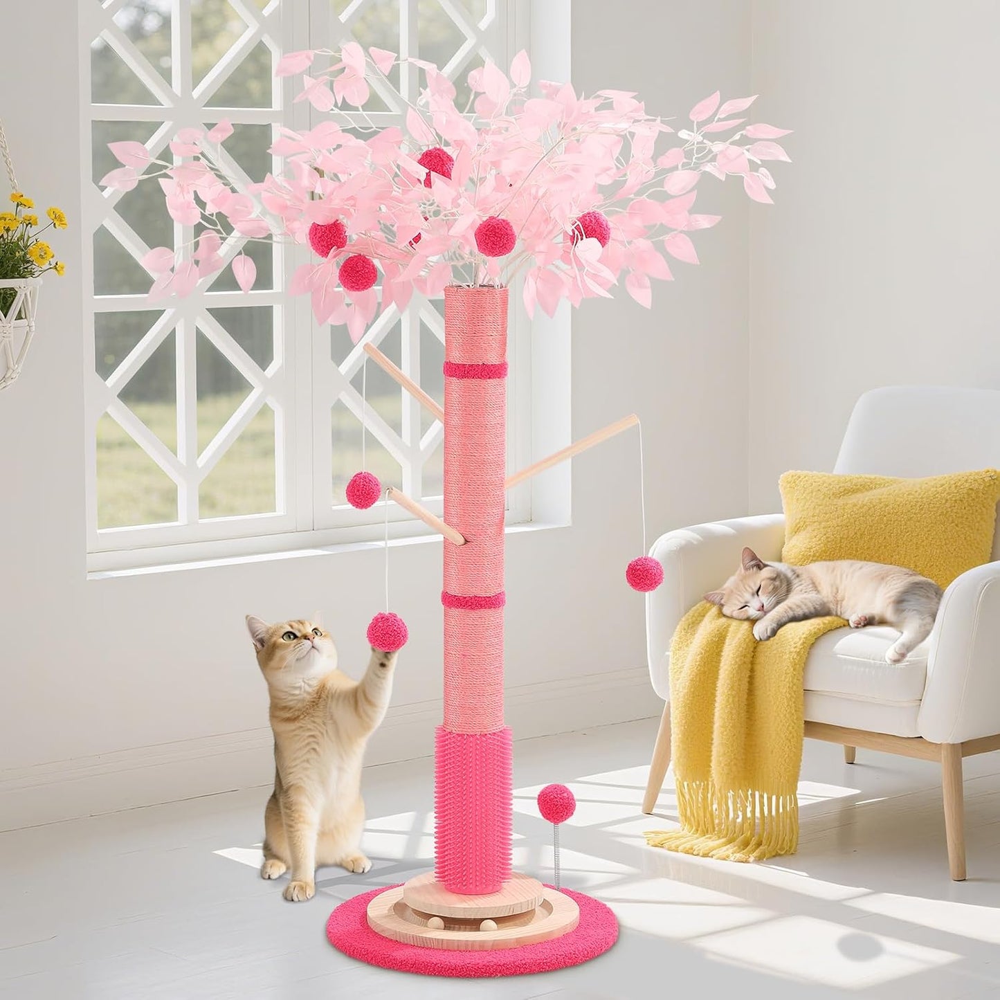 Cat Scratching Post for Indoor Cats Adults, 45 Inch Tall Cat Scratcher with Sisal Rope, Large Cats Scratching Posts with Hanging Ball for Kittens and Medium Large Cats (Pink Color)