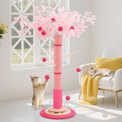 Cat Scratching Post for Indoor Cats Adults, 45 Inch Tall Cat Scratcher with Sisal Rope, Large Cats Scratching Posts with Hanging Ball for Kittens and Medium Large Cats (Pink Color)