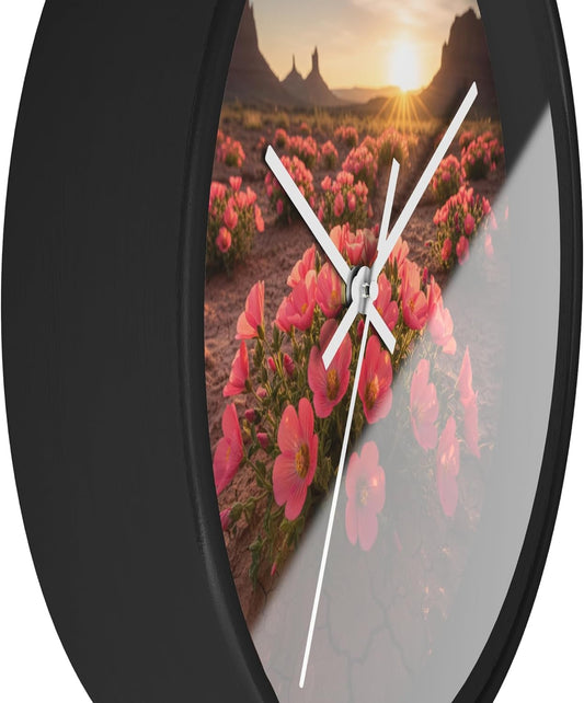 Premium Wall Clock with Hook - Desert Poppy Mallow Blooming Coral-Pink in Dry Soil 10in