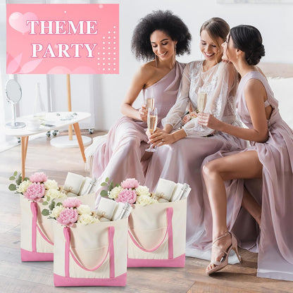 8 Pcs Large Canvas Tote Bags Bulk with Top Zipper Closure, Reusable Grocery Shopping Bags, Bachelorette Party DIY Gifts (21" X 15" X 6",Pink)