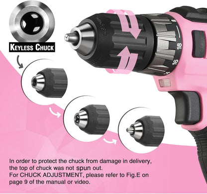 WORKPRO 20V Pink Cordless Drill Driver Set, 3/8” Keyless Chuck, 2.0 Ah Li-ion Battery, 1 Hour Fast Charger and 11-inch Storage Bag Included - Pink Ribbon