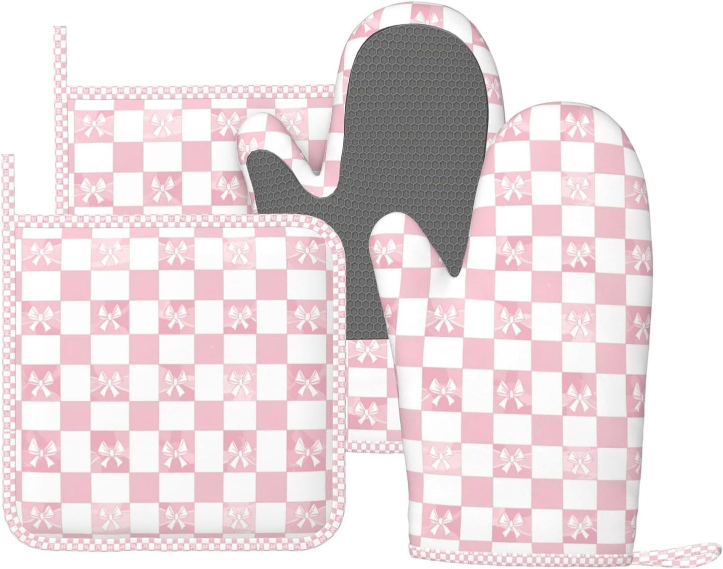 Oven Mitts and Pot Holders Pink Check Bow Pattern Silicone Kitchen Accessories Set of 4 Heat Resistant Long Gloves Potholder Non-Slip Grip for Chef Cooking Baking Grilling BBQ