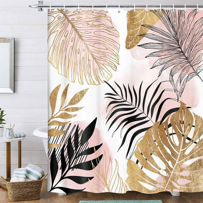 Torich Mid Century Abstract Shower Curtain for Bathroom, Pink Palm Leaves Botanica Abstract Modern Decor Bath Curtains, Gold Geometric Minimalist 47Wx64H Inches Bath Accessories with 12 Hooks