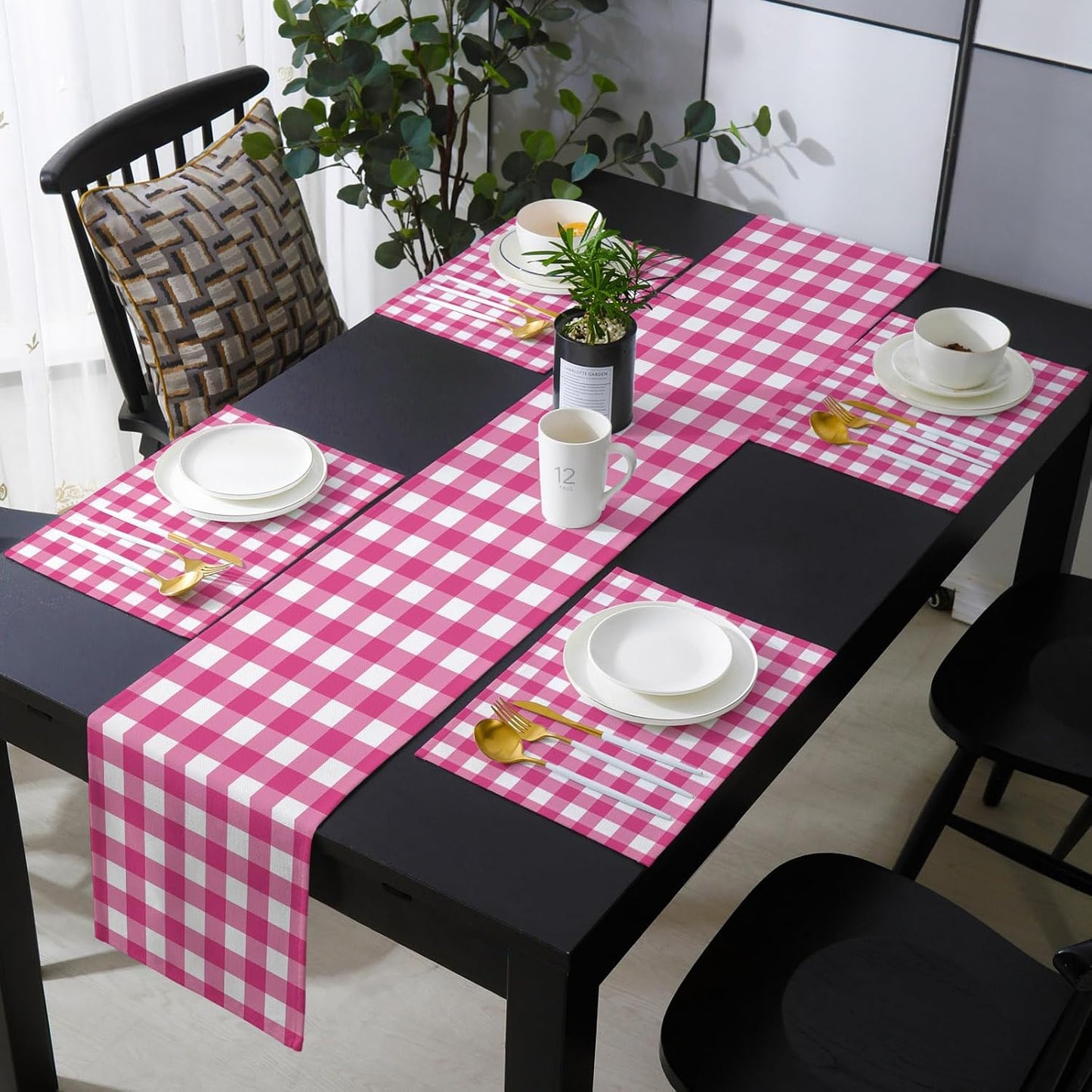 Peach Pink Checked Table Runner and Placemats for Dining Table,Burlap Coffee Table Runner 70 Inch Long Farmhouse Buffalo Plaid Country Grid Washable Table Mats for Kitchen Party Placemats Set of 6