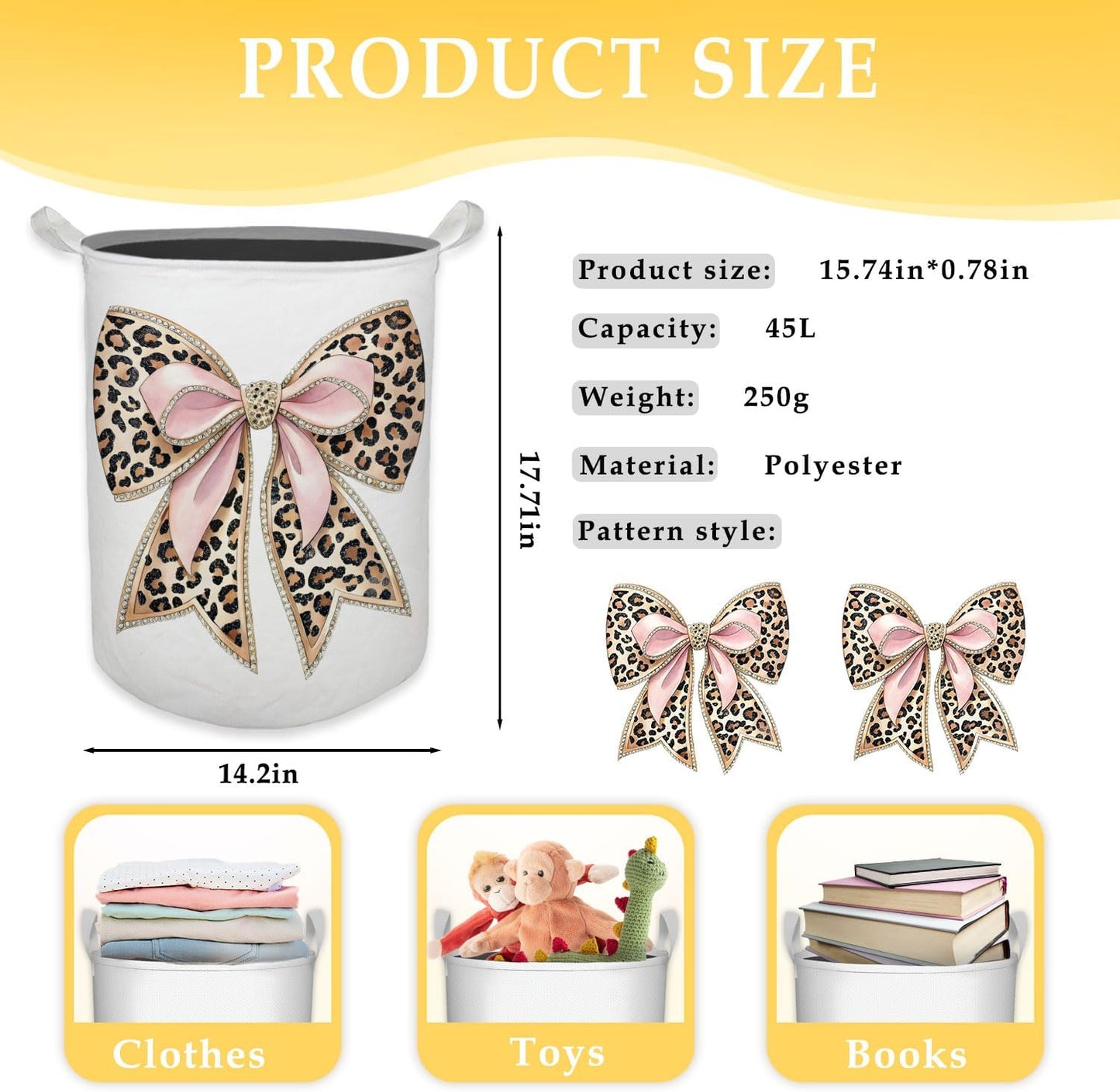 Coquette Bow Leopard Print Laundry Basket, Toybox for Girls, Trendy Pink Bow Laundry Basket Hamper Waterproof Collapsible Clothes Toys Storage Bin Organizer for Bedroom Bathroom Girls Room Dorm
