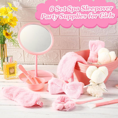 Honeydak 48 Pcs 6 Set Spa Party Favors for Women Pink Sleepover Party Supplies Bulk Face Mask Bowl Set Mirror Headband Scrunchies Face Wash Cloths Basin Eye Mask for Spa Sleepover Birthday