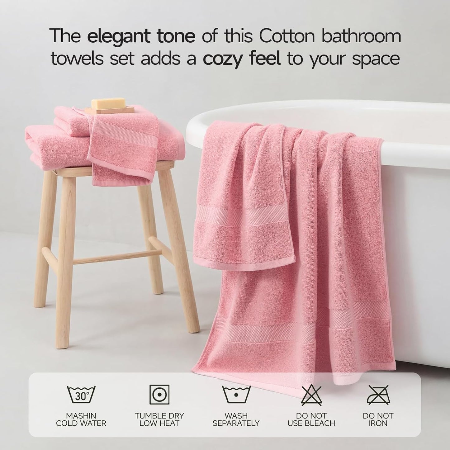 ecolook 2 Pack Large Bath Towels, 100% Cotton Bathroom Towels, Soft, Highly Absorbent, Quick Dry & Lightweight, 28 x 55 Inches, Ideal for Gym, Spa, Hotel, Pool, Shower & Daily Use, Pink