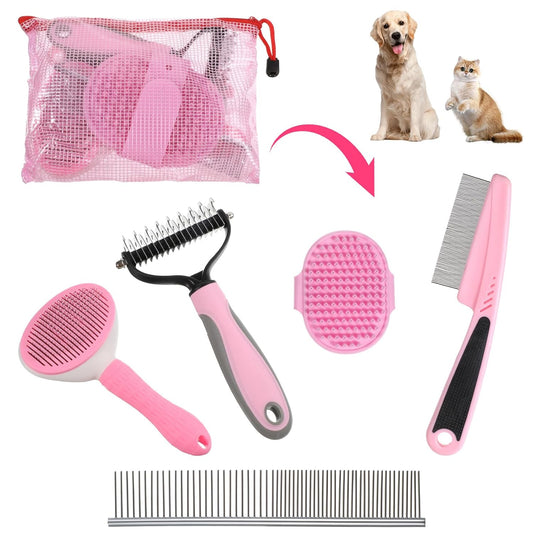 6PCS Dog Grooming Kit, Pet Grooming Kit, Deshedding Brush for Short Hair, Slicker Brush, Flea Comb, Puppy Brush Set in Pink for Dogs, Cats