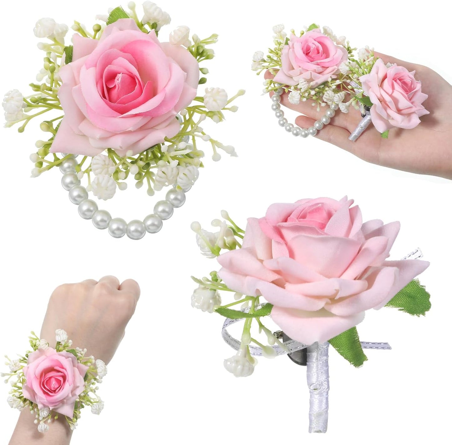 ElevateTech Wrist Corsage and Boutonniere Set, 2Pcs Artificial Rose Flower Corsage Wristlet and Boutonniere for Wedding Prom Party Decor Flowers Accessories for Groom Groomsmen Bride Bridesmaids, Pink