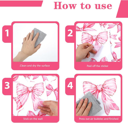 8Sheet/46PCS Pink Bow Wall Stickers, Bow Wall Decals for Bedroom and Bathroom, Bows Wallpaper for Valentine's Day Girls Party Home Bedroom Nursery