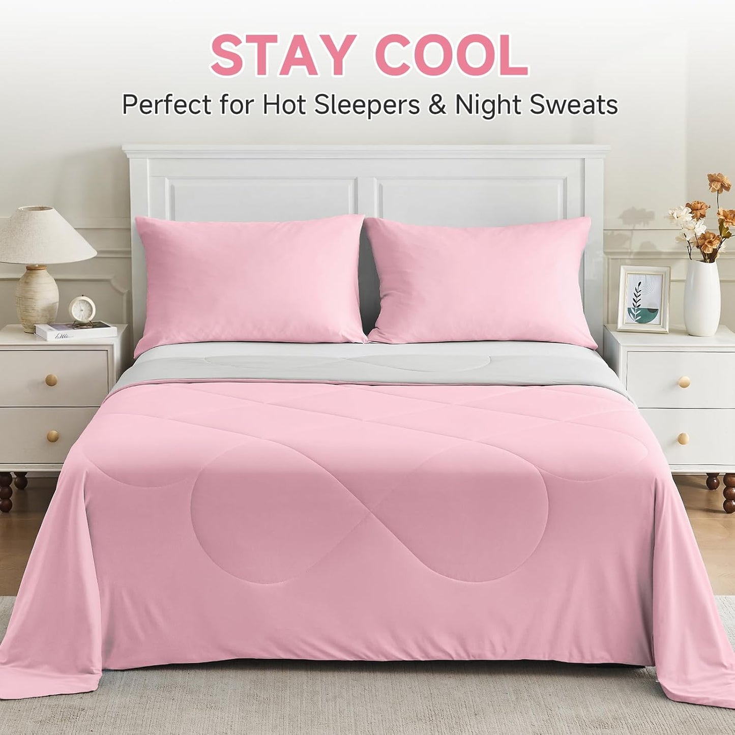 HOMFINE Cooling Comforter Japanese Double-Sided Cold Tech Fabric Cooling Blanket for Night Sweats Hot Sleepers, Q-Max 0.45 Soft Breathable Silk Smooth Lightweight Pink Summer Comforter Twin