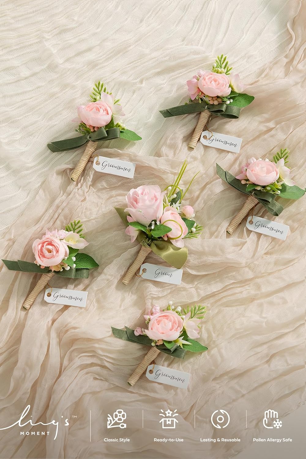Ling's moment Boutonniere for Men, 6pcs Groom Groomsmen Boutonniere, Artificial Flowers for Wedding Decor/Prom/Homecoming, etc.Blush Pink