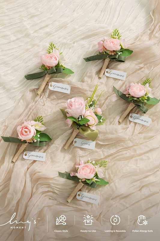 Ling's moment Boutonniere for Men, 6pcs Groom Groomsmen Boutonniere, Artificial Flowers for Wedding Decor/Prom/Homecoming, etc.Blush Pink