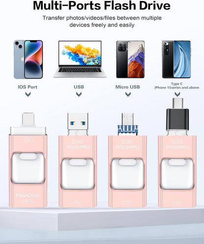 Flash Drive for iPhone 256GB, Photo Stick Thumb Drive USB Stick High Speed Transfer USB Drives External Storage Memory Expansion for iPhone/iPad/PC/Laptop (Pink)