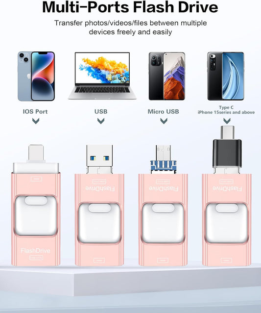 Flash Drive for iPhone 256GB, Photo Stick Thumb Drive USB Stick High Speed Transfer USB Drives External Storage Memory Expansion for iPhone/iPad/PC/Laptop (Pink)