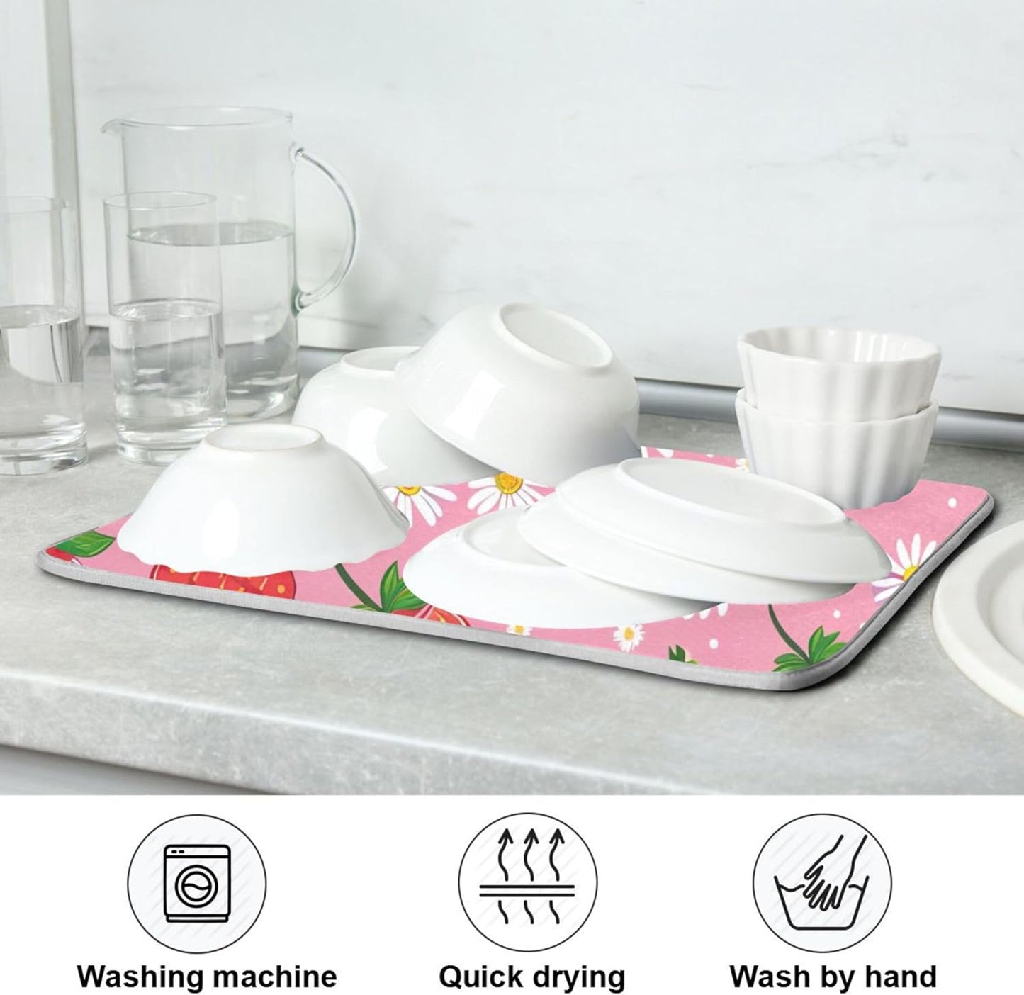Cute Strawberry Pink Dish Drying Mats Flower Super Absorbent Cartoon Dish Dry Mat for Kitchen Counter Decor, 18" x 24"