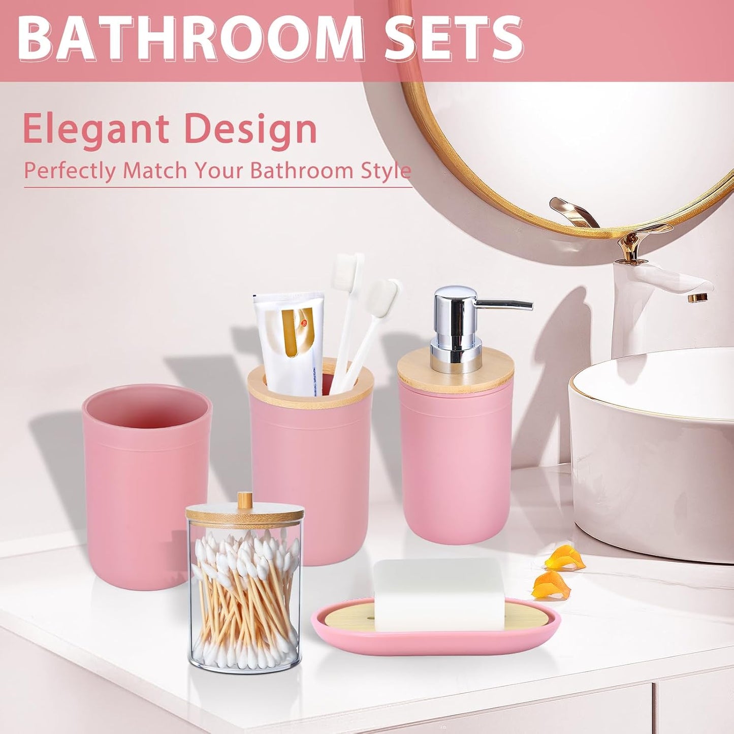 iMucci Bathroom Accessories Set 5Piece Pink Bathroom Sets, Toothbrush Holder, Toothbrush Cup, Lotion Soap Dispenser, Soap Dish and Qtip Holder Bathroom Decor