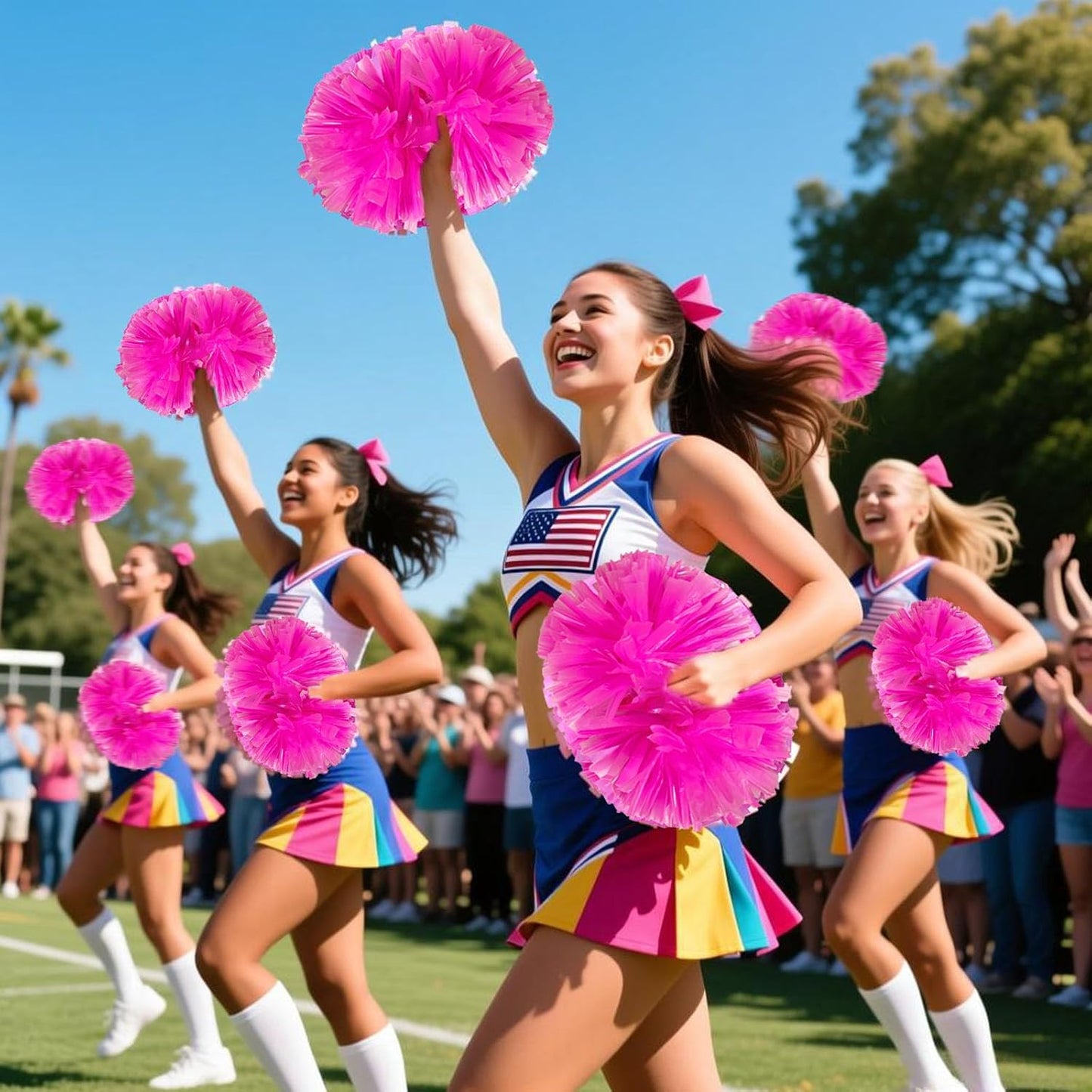 12 Pcs Metallic Cheerleading Pom Poms, 12Inch Cheerleader Pompoms with Baton Handle, Cheerleading Flower Ball for School Team Sports Games Dance Cheering Cheer Pom Poms for Kids Adults